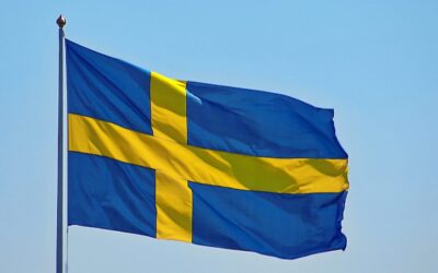 a blue and yellow flag flying in the sky